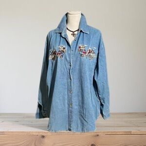 Vintage Quizz New York Denim embroidered Airplane Teddy bear Jean Shirt Size  20